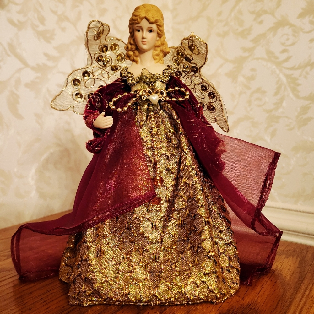 Miniature Angel Tree Topper Figurine with Sparkling Burgundy and Gold Dress